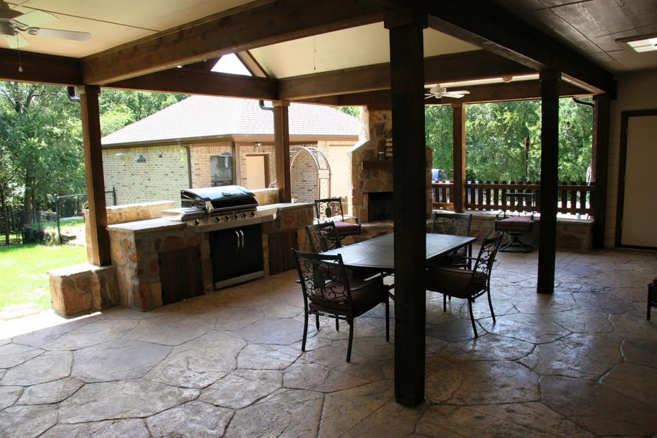 Stamped concrete flooring in an outdoor kitchen